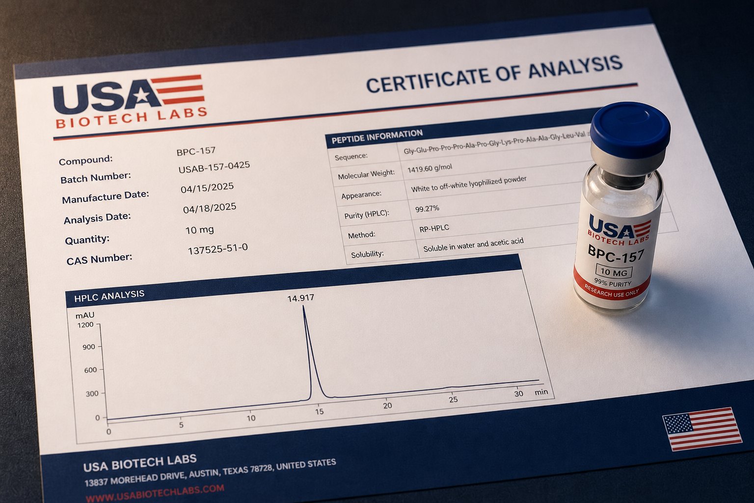 Peptide vial resting on a Certificate of Analysis
