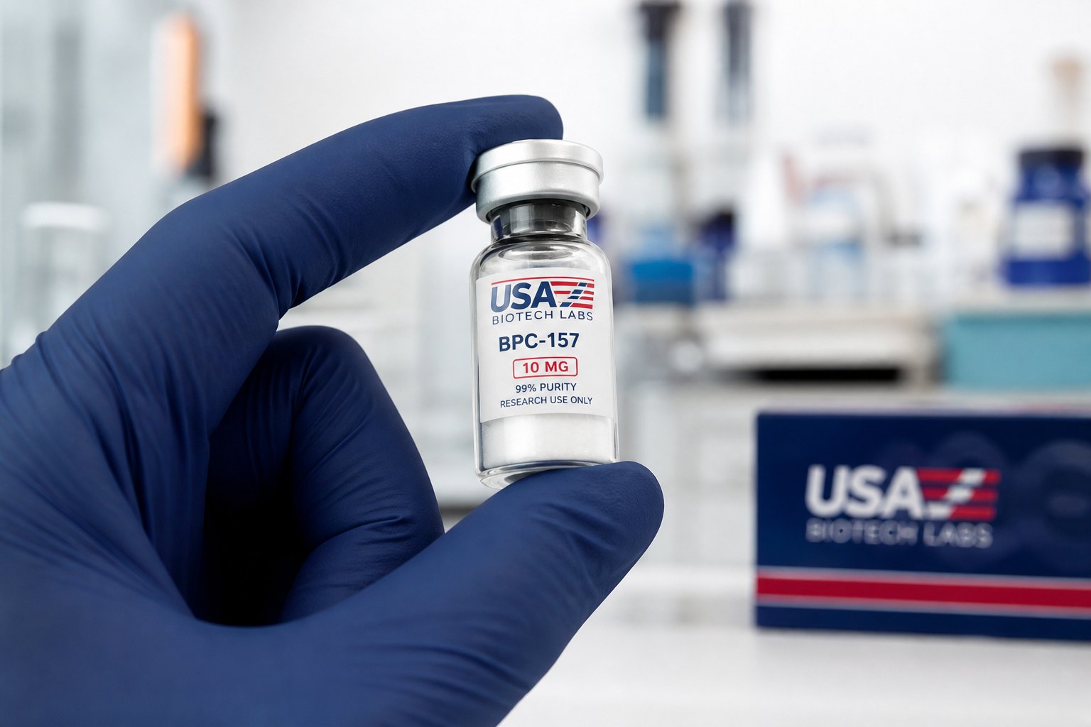 Gloved hand inspecting a peptide vial