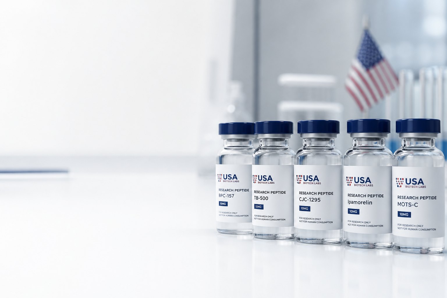 USA Biotech Labs research peptide vials on a laboratory bench